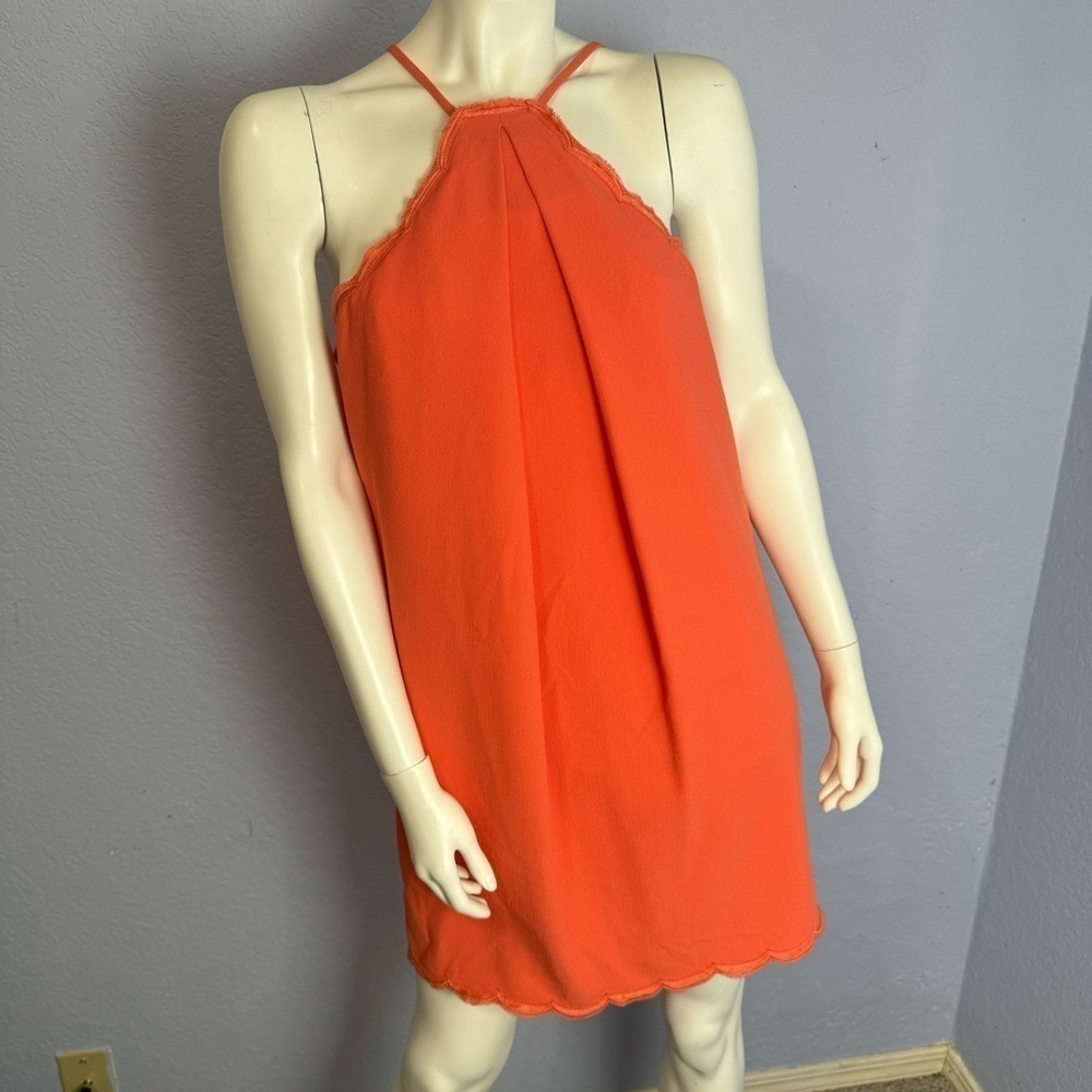 Trina Turk Vine Halter Front Pleat Size 8 Coral Lined Tank Dress